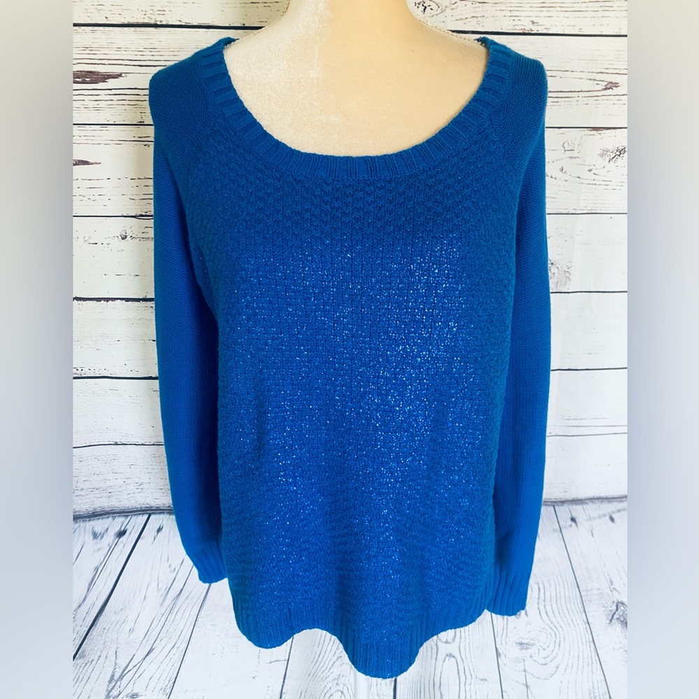 Women’s XL Sweater ANA Blue Glittered Medium Weight Knit Zipper Back U Neck Soft